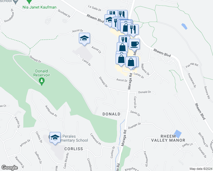 map of restaurants, bars, coffee shops, grocery stores, and more near 2087 Donald Drive in Moraga