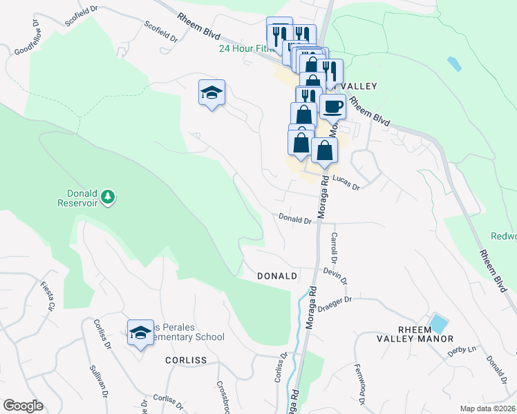 map of restaurants, bars, coffee shops, grocery stores, and more near 2087 Donald Drive in Moraga