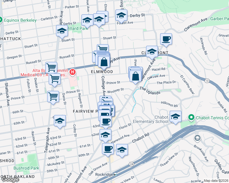 map of restaurants, bars, coffee shops, grocery stores, and more near 2731 Woolsey Street in Berkeley