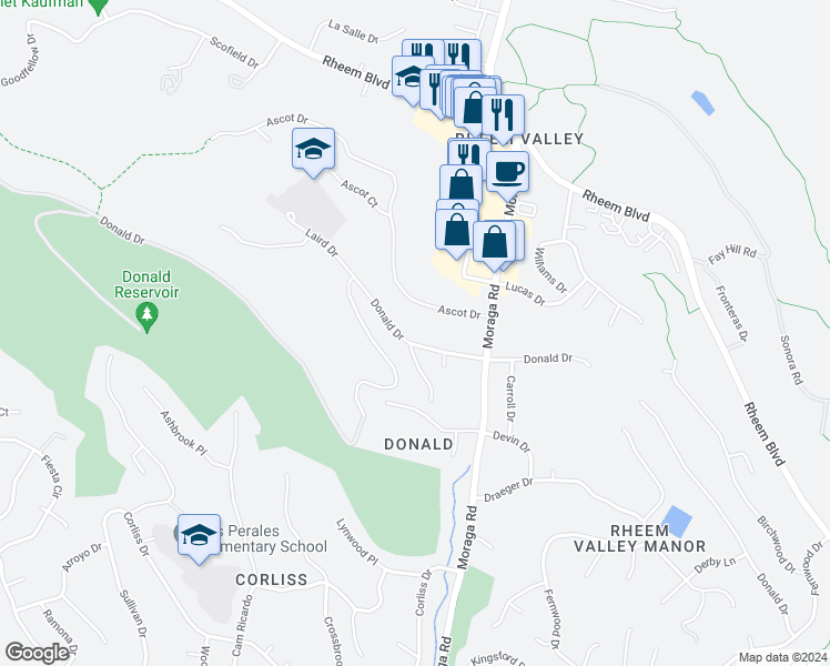 map of restaurants, bars, coffee shops, grocery stores, and more near 2087 Donald Drive in Moraga