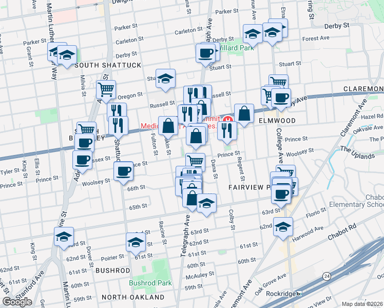 map of restaurants, bars, coffee shops, grocery stores, and more near 3085 Telegraph Avenue in Berkeley