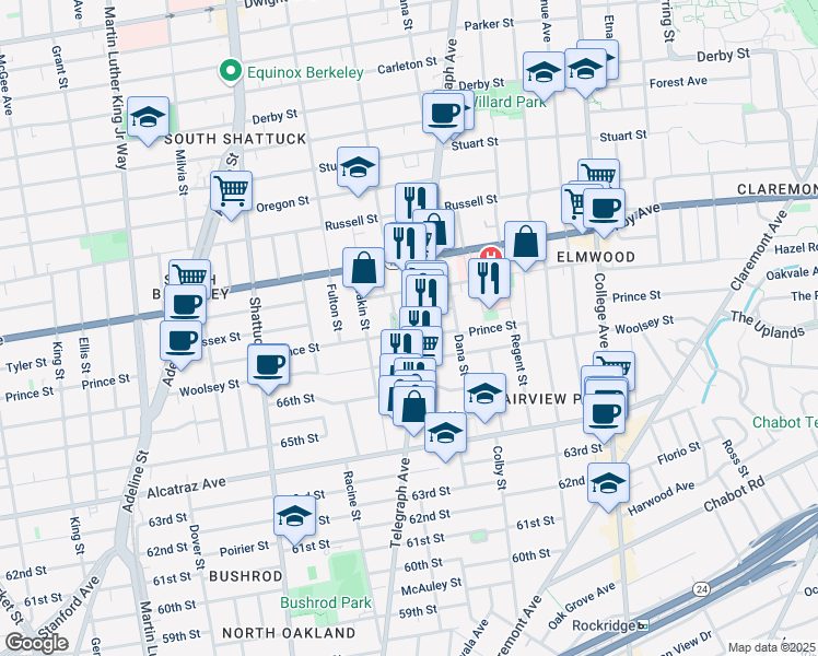 map of restaurants, bars, coffee shops, grocery stores, and more near 3085 Telegraph Avenue in Berkeley