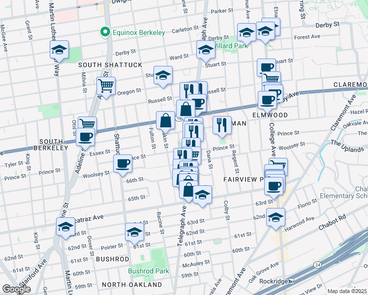 map of restaurants, bars, coffee shops, grocery stores, and more near 3085 Telegraph Avenue in Berkeley