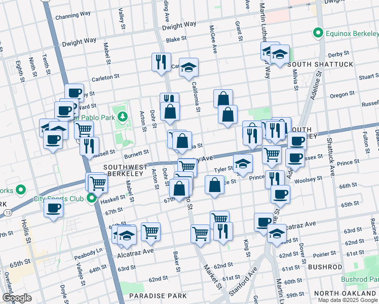 map of restaurants, bars, coffee shops, grocery stores, and more near 1516 Julia Street in Berkeley