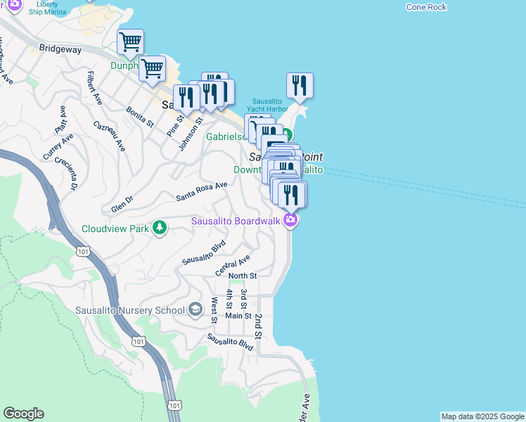 map of restaurants, bars, coffee shops, grocery stores, and more near 77 Harrison Avenue in Sausalito