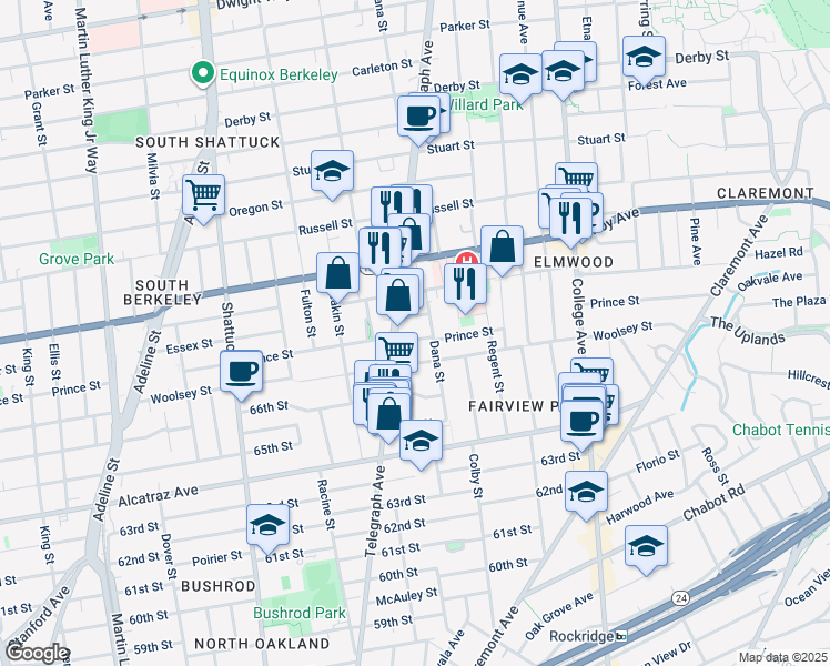 map of restaurants, bars, coffee shops, grocery stores, and more near 2415 Prince Street in Berkeley