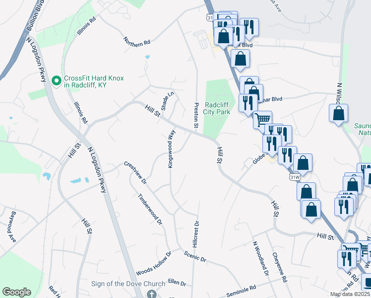 map of restaurants, bars, coffee shops, grocery stores, and more near 1360 Bramblett Boulevard in Radcliff