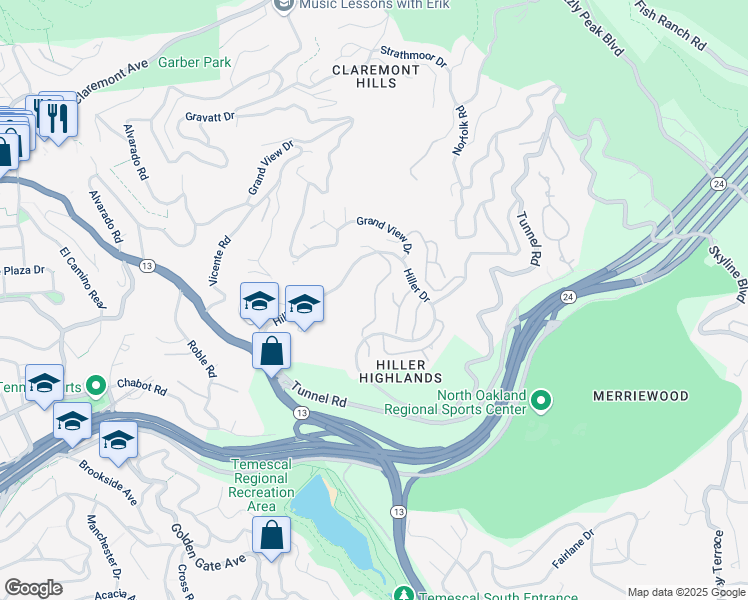 map of restaurants, bars, coffee shops, grocery stores, and more near 30 Spy Glass Hill in Oakland