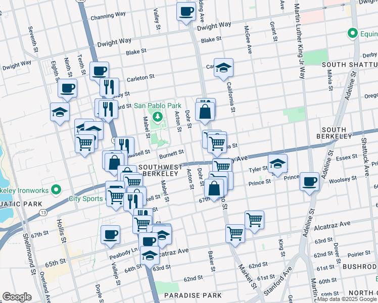 map of restaurants, bars, coffee shops, grocery stores, and more near 2915 Acton Street in Berkeley