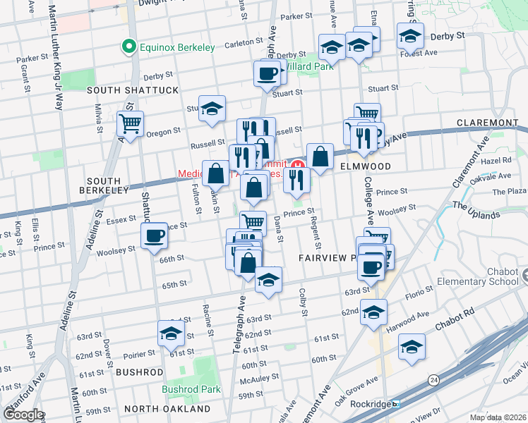 map of restaurants, bars, coffee shops, grocery stores, and more near 2415 Prince Street in Berkeley