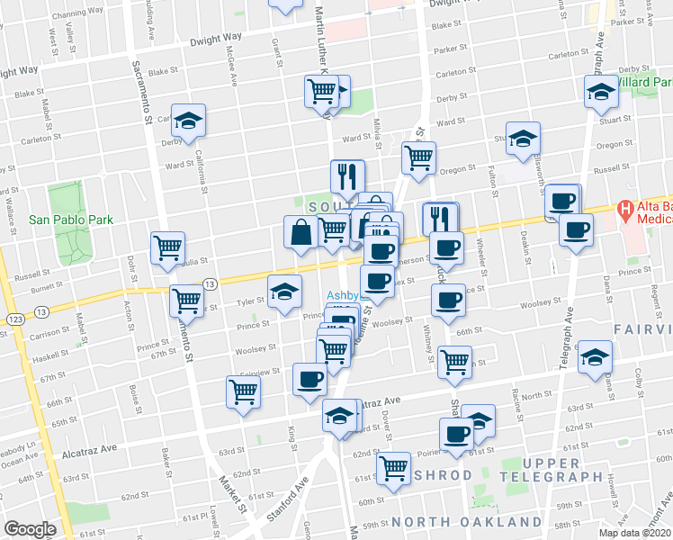 map of restaurants, bars, coffee shops, grocery stores, and more near 3004 Martin Luther King Junior Way in Berkeley