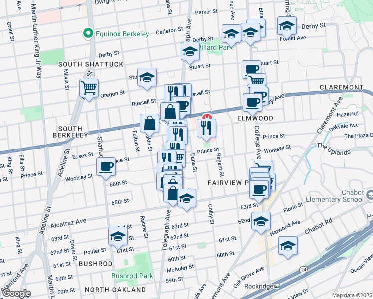 map of restaurants, bars, coffee shops, grocery stores, and more near 2421 Prince Street in Berkeley