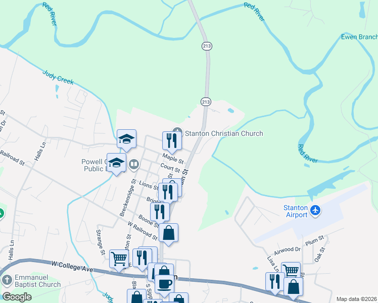 map of restaurants, bars, coffee shops, grocery stores, and more near 25 West Church Street in Stanton
