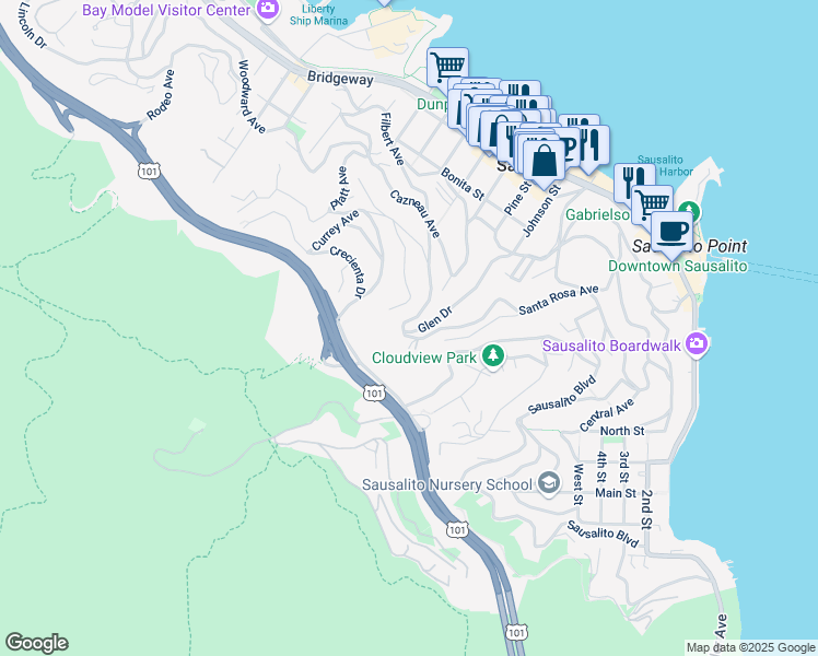 map of restaurants, bars, coffee shops, grocery stores, and more near 178 Glen Drive in Sausalito