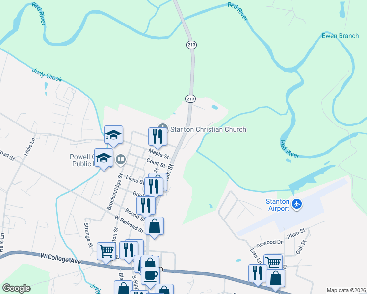 map of restaurants, bars, coffee shops, grocery stores, and more near 25 West Church Street in Stanton