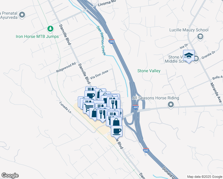 map of restaurants, bars, coffee shops, grocery stores, and more near 1420 Jackson Way in Alamo