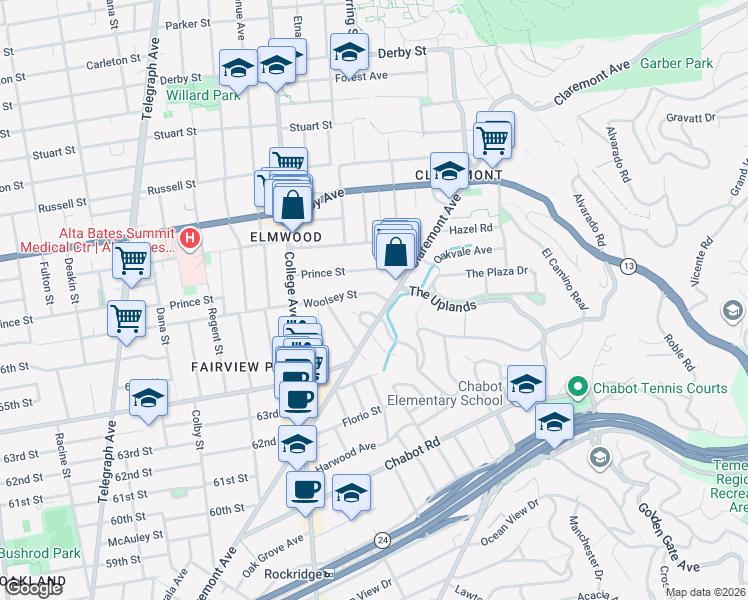 map of restaurants, bars, coffee shops, grocery stores, and more near 2842 Woolsey Street in Berkeley