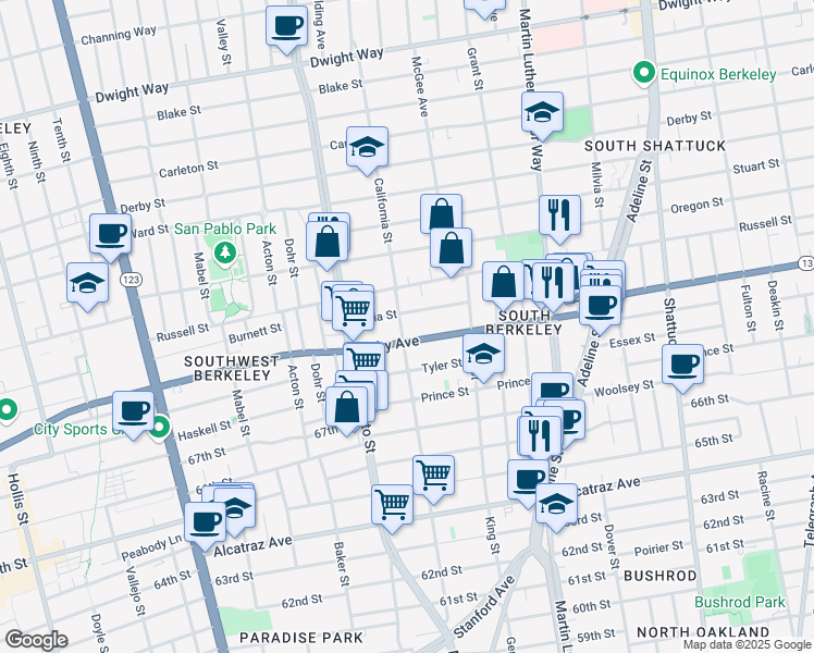 map of restaurants, bars, coffee shops, grocery stores, and more near 2959 California Street in Berkeley