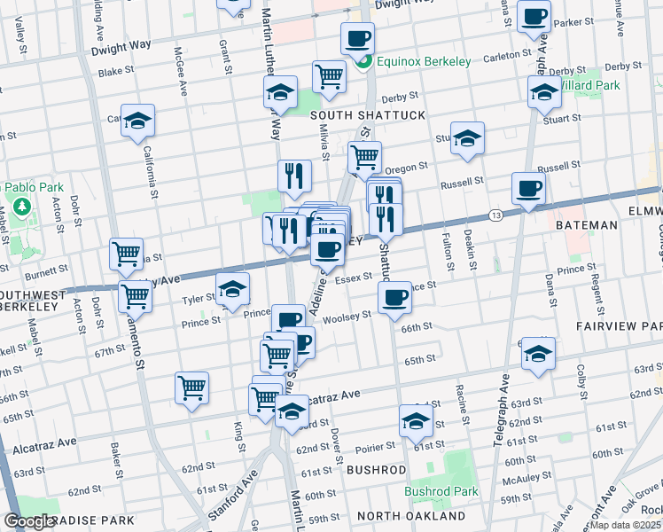map of restaurants, bars, coffee shops, grocery stores, and more near 3031 Adeline Street in Berkeley