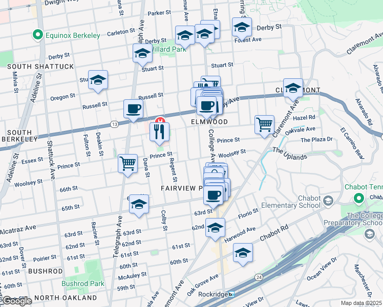 map of restaurants, bars, coffee shops, grocery stores, and more near 3055 Hillegass Avenue in Berkeley