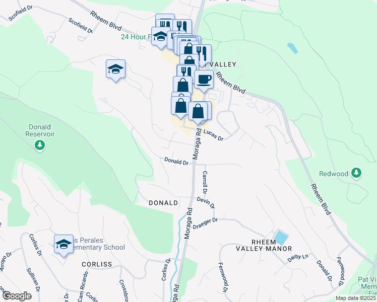 map of restaurants, bars, coffee shops, grocery stores, and more near 640 Moraga Road in Moraga