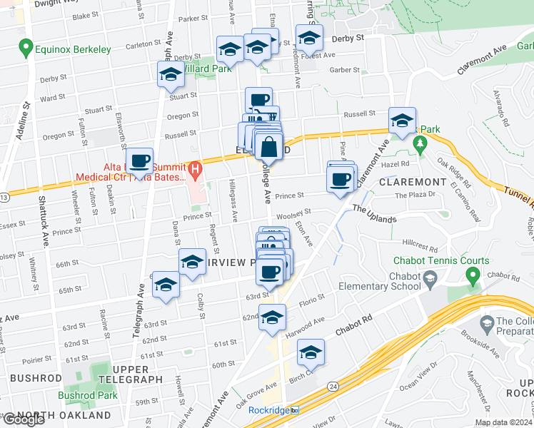 map of restaurants, bars, coffee shops, grocery stores, and more near 2637 Woolsey Street in Berkeley