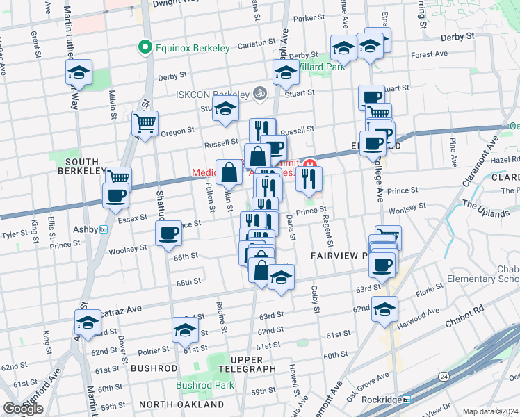 map of restaurants, bars, coffee shops, grocery stores, and more near 3085 Telegraph Avenue in Berkeley