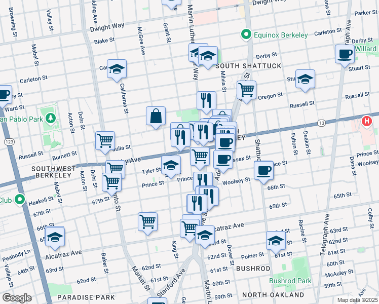 map of restaurants, bars, coffee shops, grocery stores, and more near 1816 Ashby Avenue in Berkeley