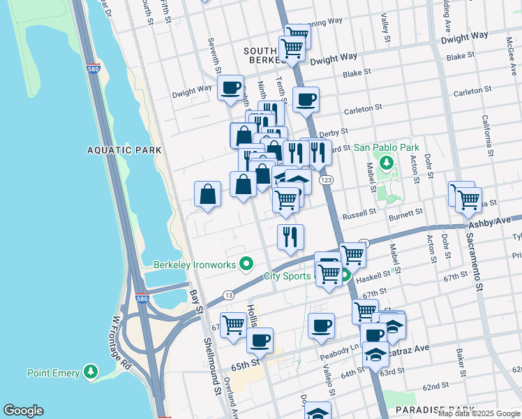 map of restaurants, bars, coffee shops, grocery stores, and more near 2843 Seventh Street in Berkeley