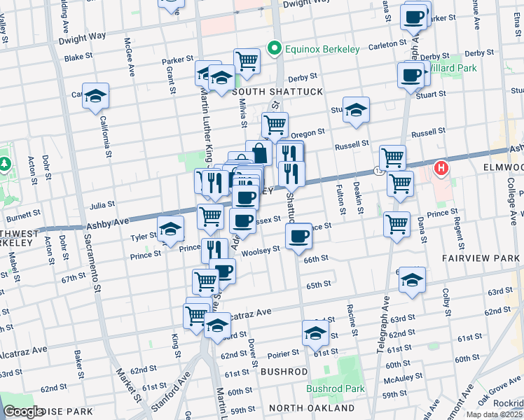 map of restaurants, bars, coffee shops, grocery stores, and more near 3023 Tremont Street in Berkeley