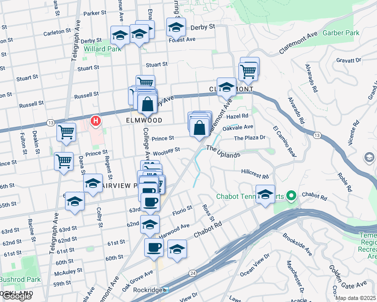 map of restaurants, bars, coffee shops, grocery stores, and more near 2842 Woolsey Street in Berkeley