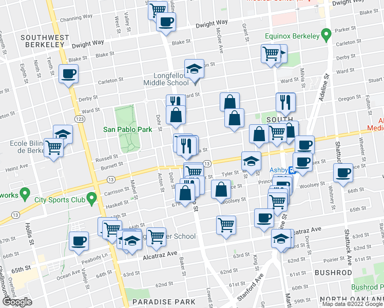 map of restaurants, bars, coffee shops, grocery stores, and more near 1510 Julia Street in Berkeley