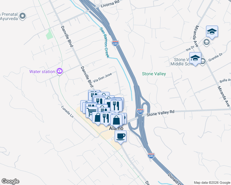 map of restaurants, bars, coffee shops, grocery stores, and more near 1420 Jackson Way in Alamo