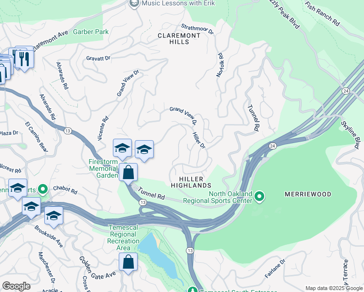 map of restaurants, bars, coffee shops, grocery stores, and more near 40 Spy Glass Hill in Oakland