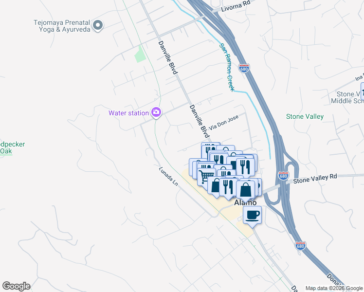 map of restaurants, bars, coffee shops, grocery stores, and more near 1588 Alamo Way in Alamo