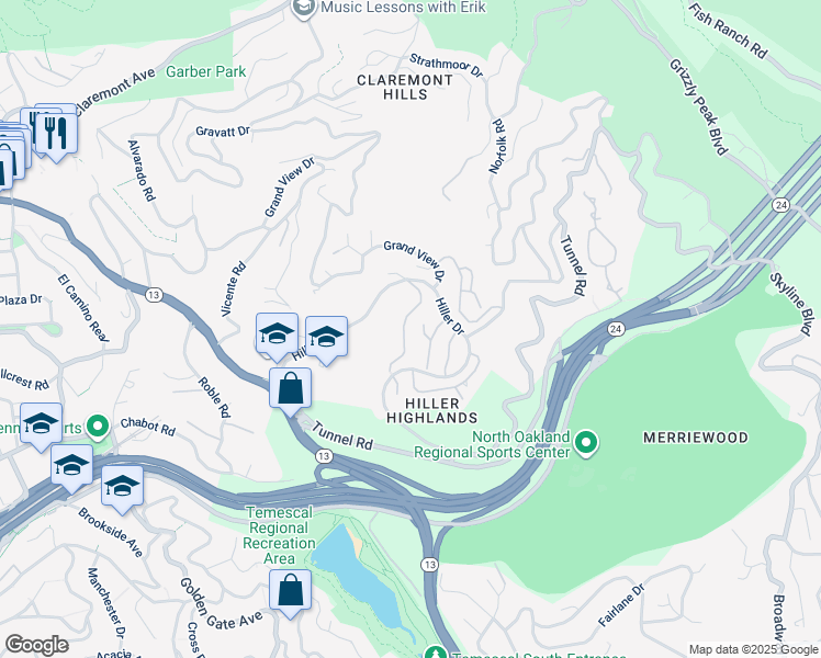 map of restaurants, bars, coffee shops, grocery stores, and more near 40 Spy Glass Hill in Oakland