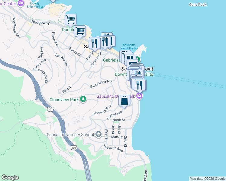 map of restaurants, bars, coffee shops, grocery stores, and more near 117 San Carlos Avenue in Sausalito