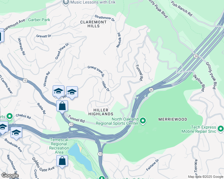 map of restaurants, bars, coffee shops, grocery stores, and more near 68 Schooner Hill in Oakland