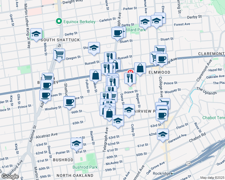 map of restaurants, bars, coffee shops, grocery stores, and more near 3085 Telegraph Avenue in Berkeley