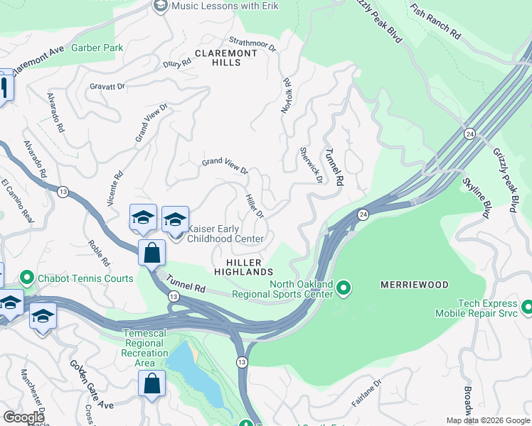 map of restaurants, bars, coffee shops, grocery stores, and more near 68 Schooner Hill in Oakland