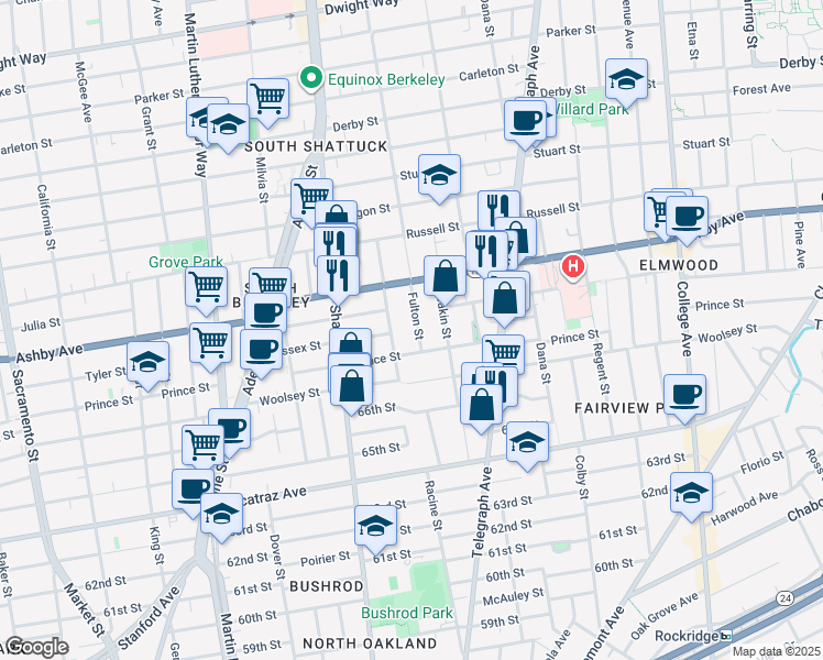 map of restaurants, bars, coffee shops, grocery stores, and more near 3046 Fulton Street in Berkeley
