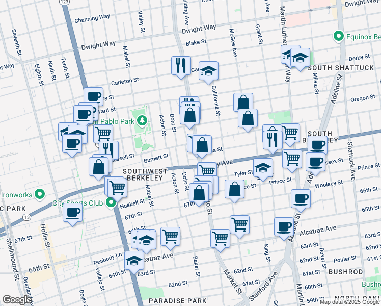 map of restaurants, bars, coffee shops, grocery stores, and more near 2931 Stanton Street in Berkeley