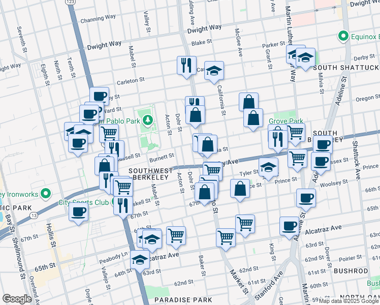 map of restaurants, bars, coffee shops, grocery stores, and more near 2931 Stanton Street in Berkeley