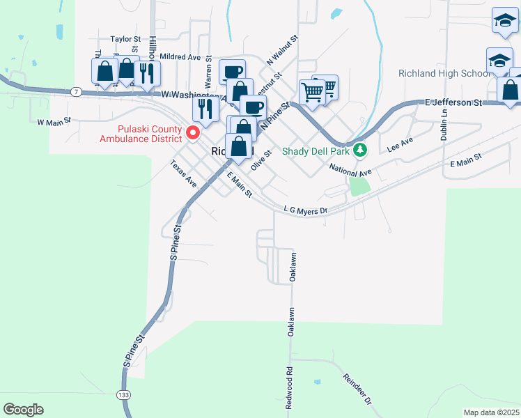 map of restaurants, bars, coffee shops, grocery stores, and more near 305 East Main Street in Richland