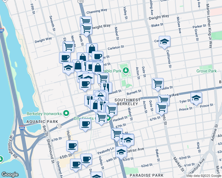 map of restaurants, bars, coffee shops, grocery stores, and more near 2825 Wallace Street in Berkeley