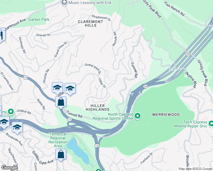 map of restaurants, bars, coffee shops, grocery stores, and more near 64 Schooner Hill in Oakland