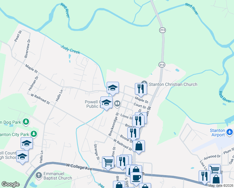 map of restaurants, bars, coffee shops, grocery stores, and more near 825 Breckenridge Street in Stanton
