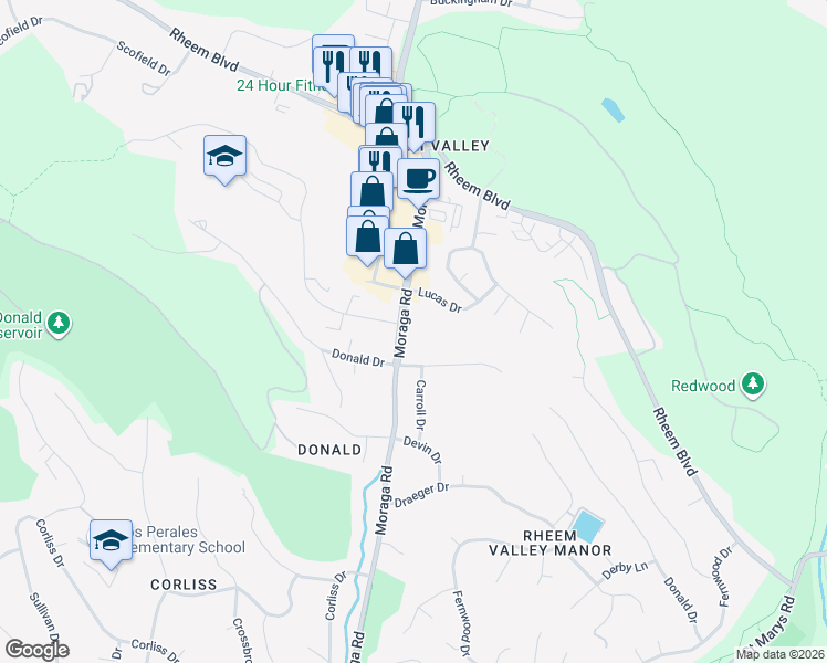 map of restaurants, bars, coffee shops, grocery stores, and more near 123 Donald Drive in Moraga