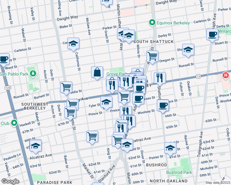 map of restaurants, bars, coffee shops, grocery stores, and more near 2946 Harper Street in Berkeley