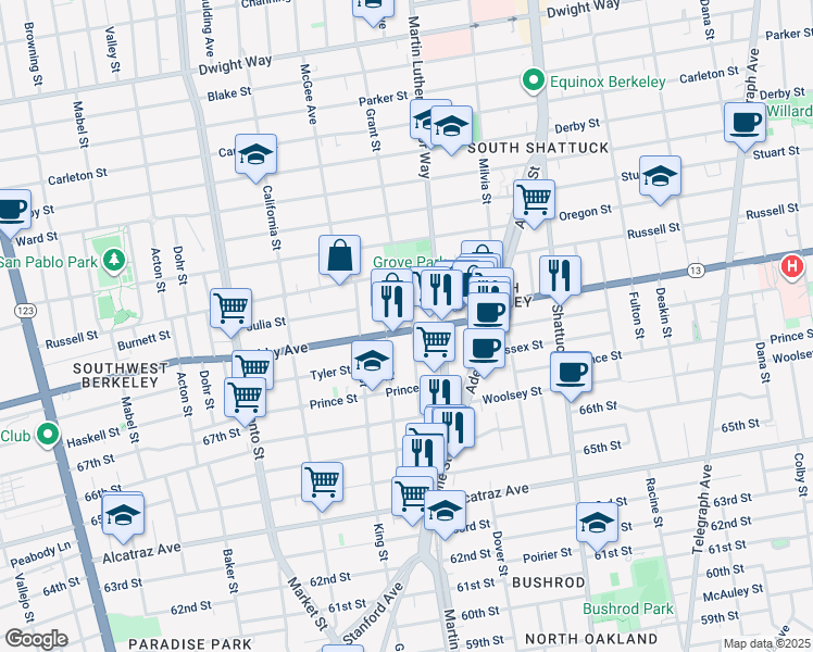 map of restaurants, bars, coffee shops, grocery stores, and more near 2946 Harper Street in Berkeley